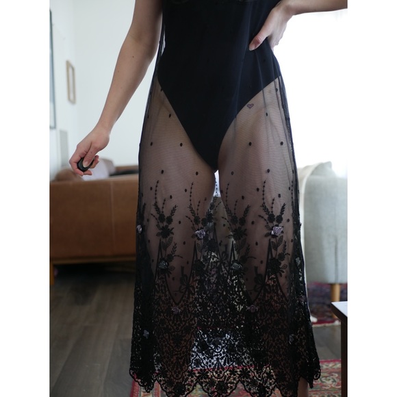 Sheer Black Slip Dress Vintage Swiss Dot Lace Applique Beaded Detailing Unlined - Picture 3 of 12